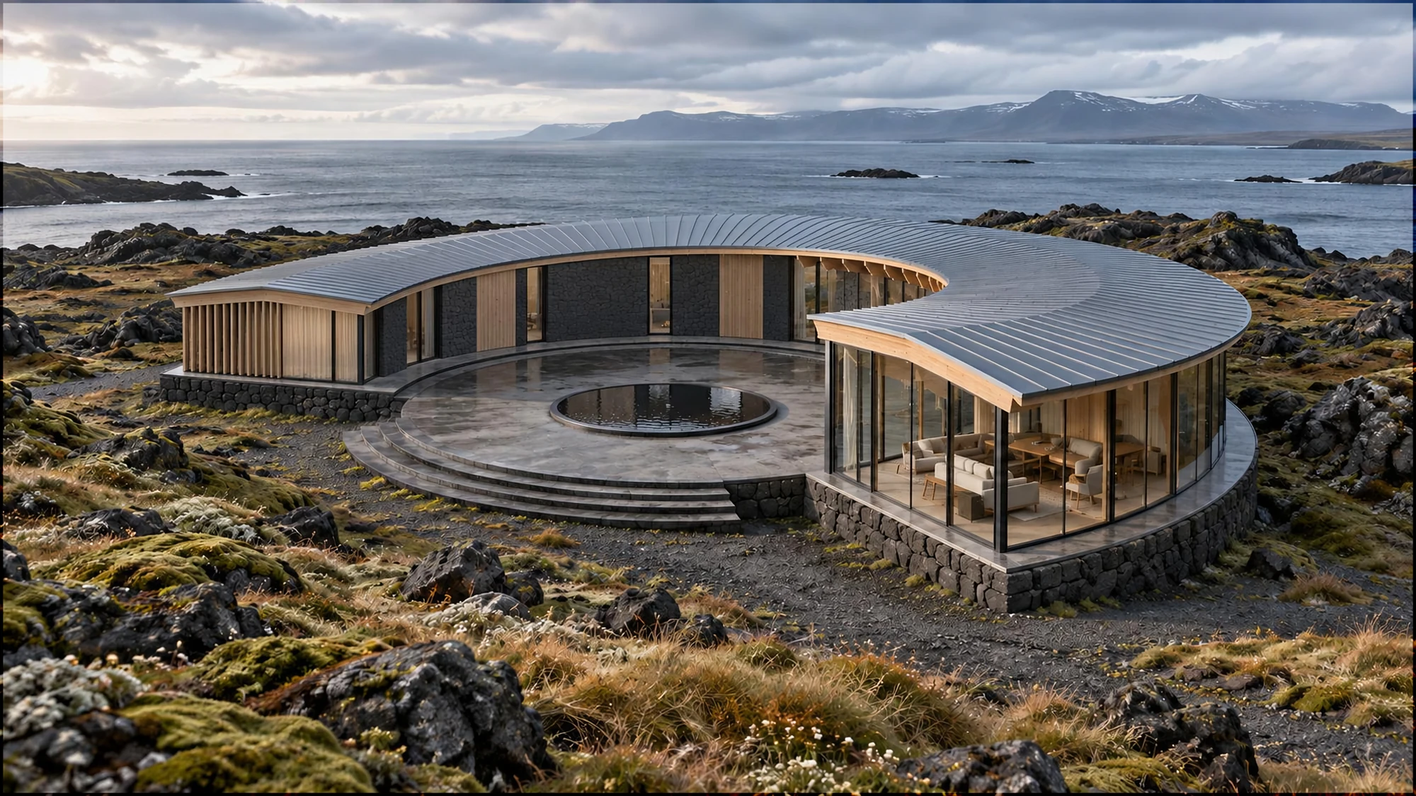 Contemporary curved residence embedded in an Icelandic basalt landscape, with a continuous roof, warm timber structure and a sheltered courtyard